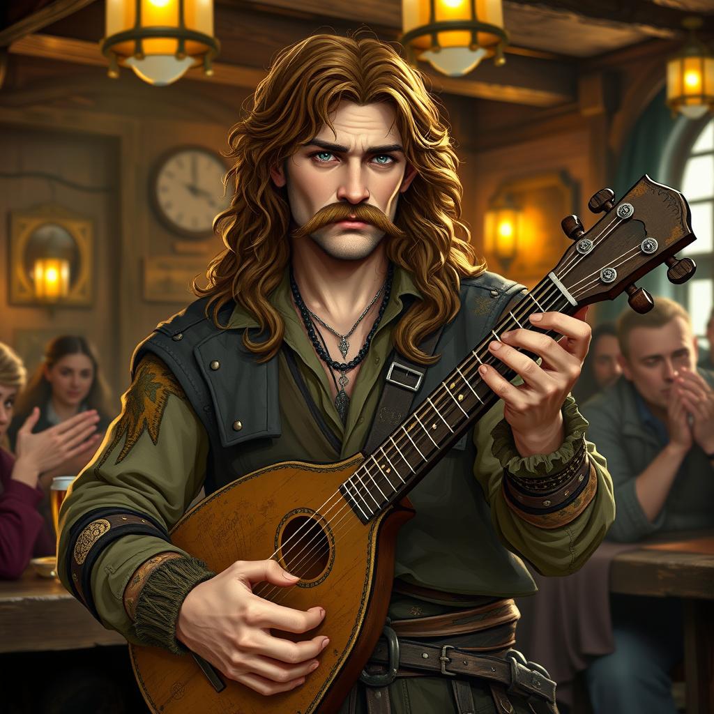 A rugged half-elf male bard with long, slightly curly brown hair and a fancy mustache