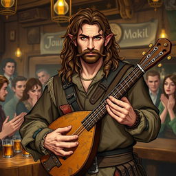 A rugged half-elf male bard with long, slightly curly brown hair and a fancy mustache