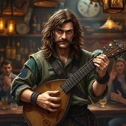 A rugged half-elf male bard with long, slightly curly brown hair and a fancy mustache