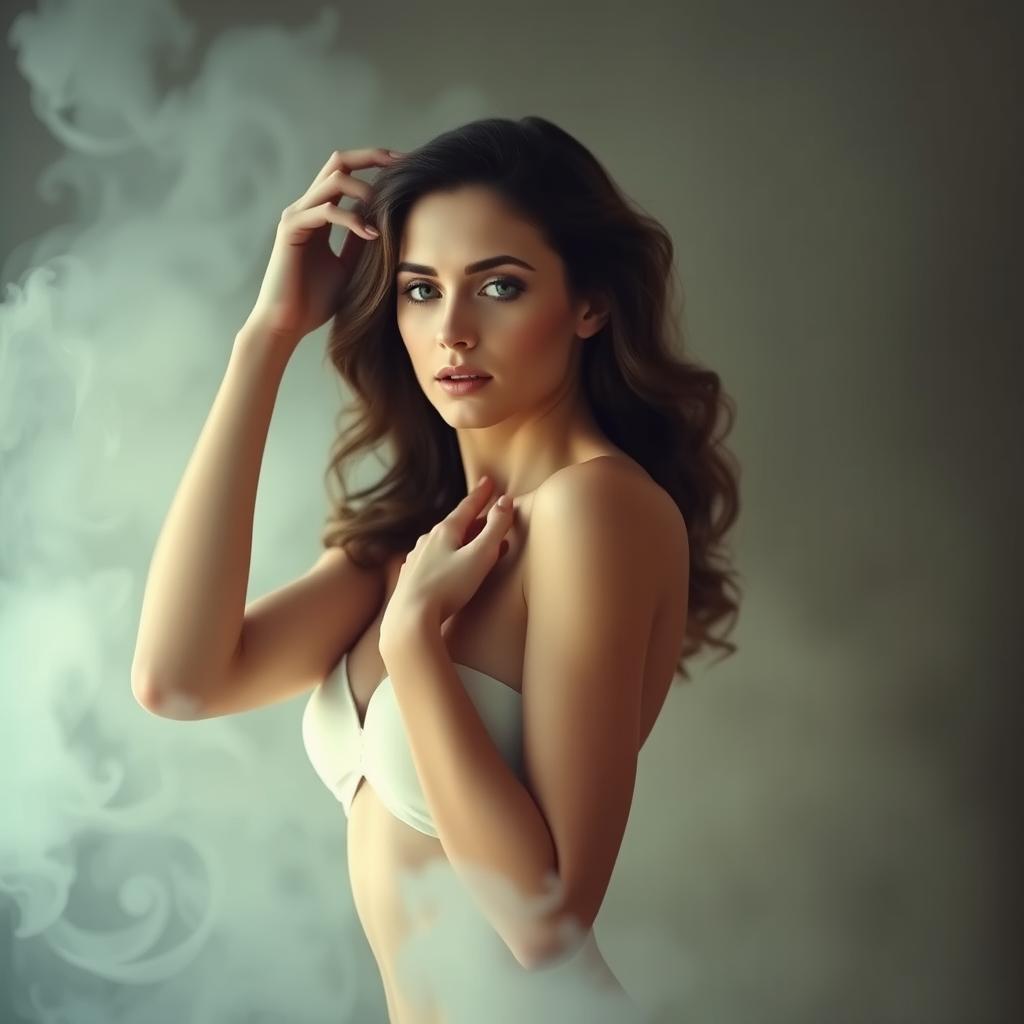 A beautiful woman in an elegant pose, her form accentuated by soft lighting, surrounded by ethereal mist in a serene and artistic setting, evoking classical beauty and elegance