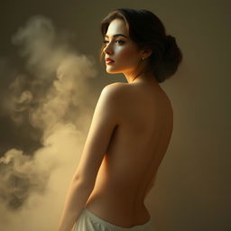 A beautiful woman in an elegant pose, her form accentuated by soft lighting, surrounded by ethereal mist in a serene and artistic setting, evoking classical beauty and elegance