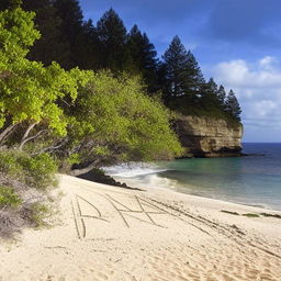 A picturesque beach near the captivating ocean, dotted with some trees, and the symbols '♡︎ R2' inscribed onto the sand.