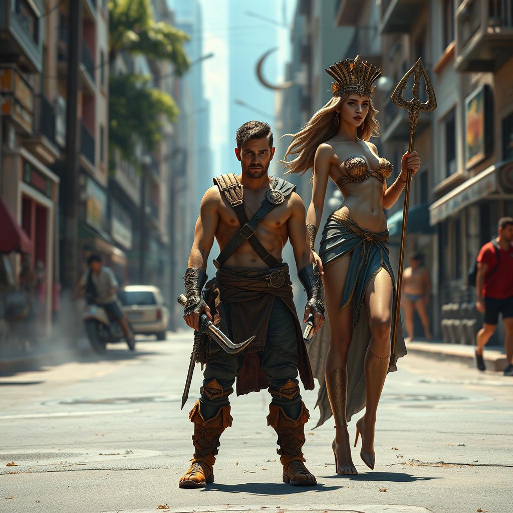 A fantasy action-adventure scene featuring a character standing next to Patrick, with Zeus, Ares, and Aphrodite in the background, one behind the other