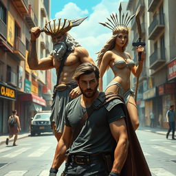 A fantasy action-adventure scene featuring a character standing next to Patrick, with Zeus, Ares, and Aphrodite in the background, one behind the other