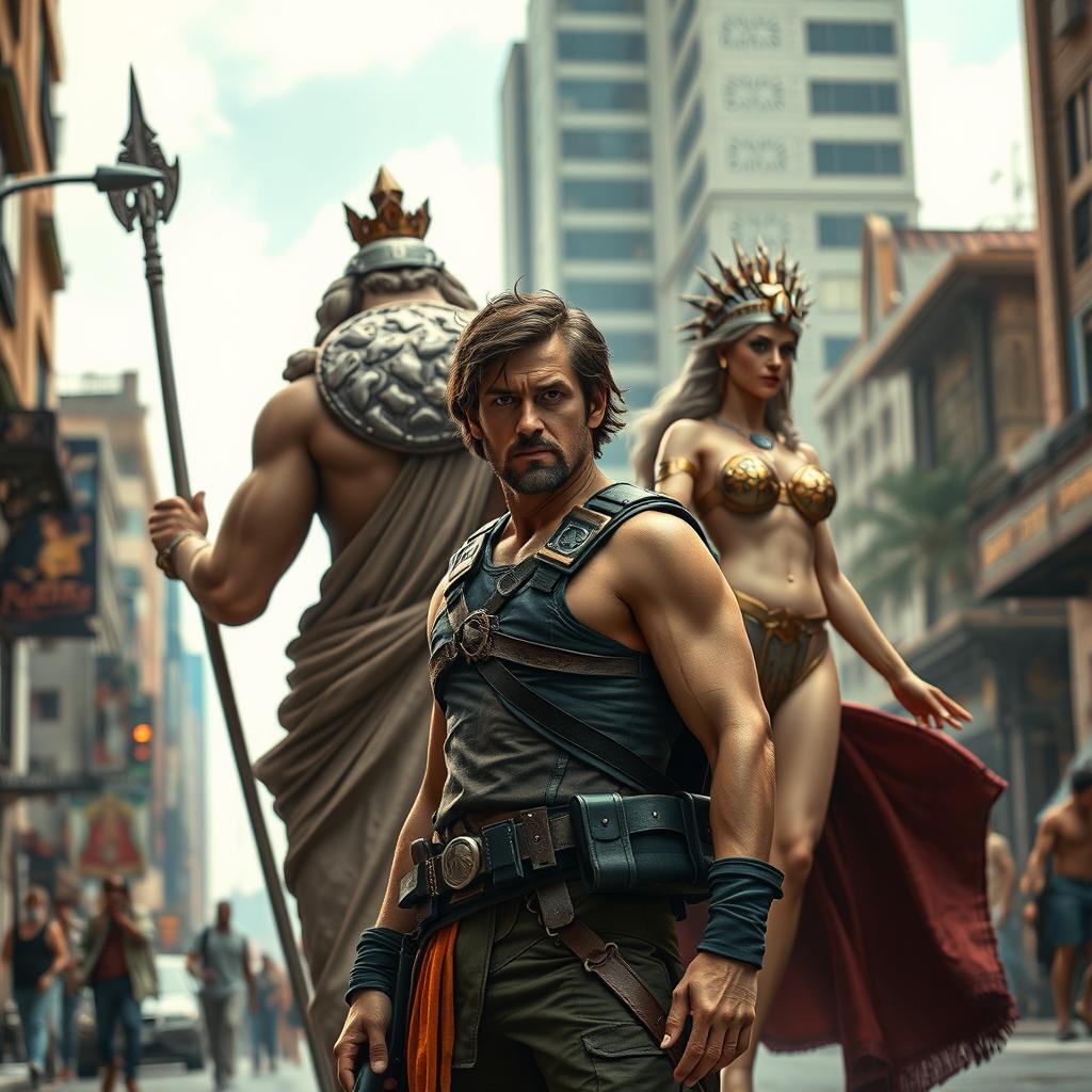 A fantasy action-adventure scene featuring a character standing next to Patrick, with Zeus, Ares, and Aphrodite in the background, one behind the other