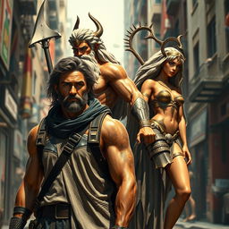 A fantasy action-adventure scene featuring a character standing next to Patrick, with Zeus, Ares, and Aphrodite in the background, one behind the other