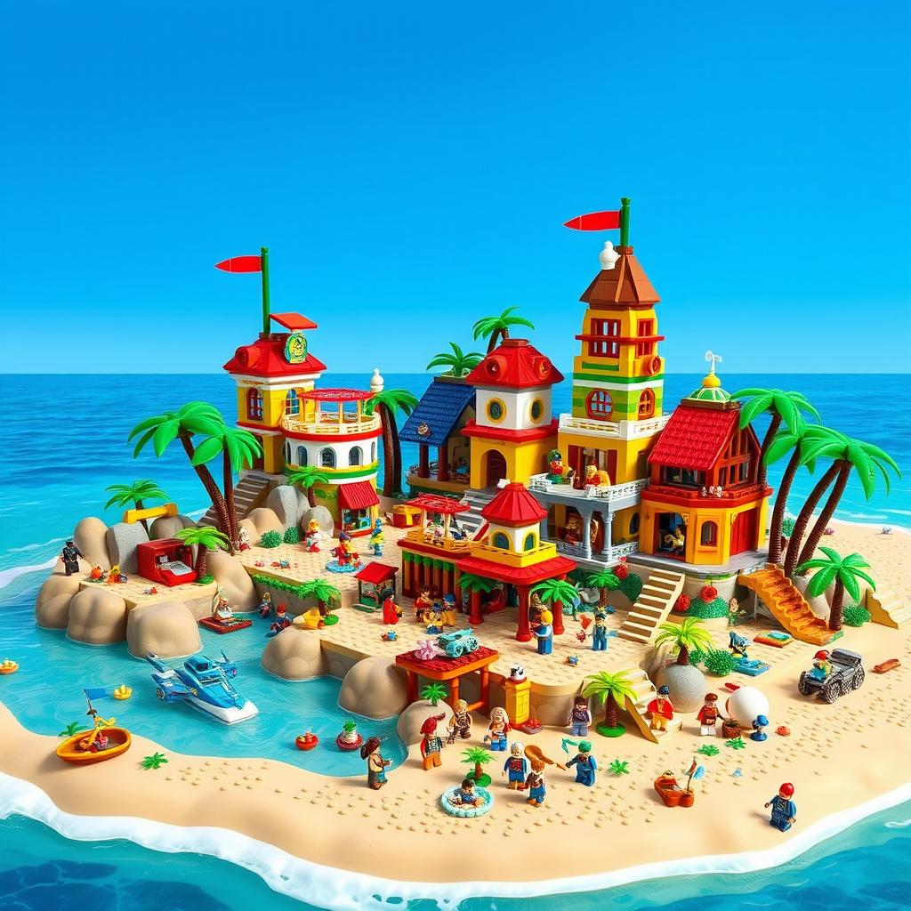 A lively and colorful LEGO paradise island, filled with imaginative LEGO structures and vibrant tropical vegetation