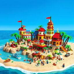 A lively and colorful LEGO paradise island, filled with imaginative LEGO structures and vibrant tropical vegetation