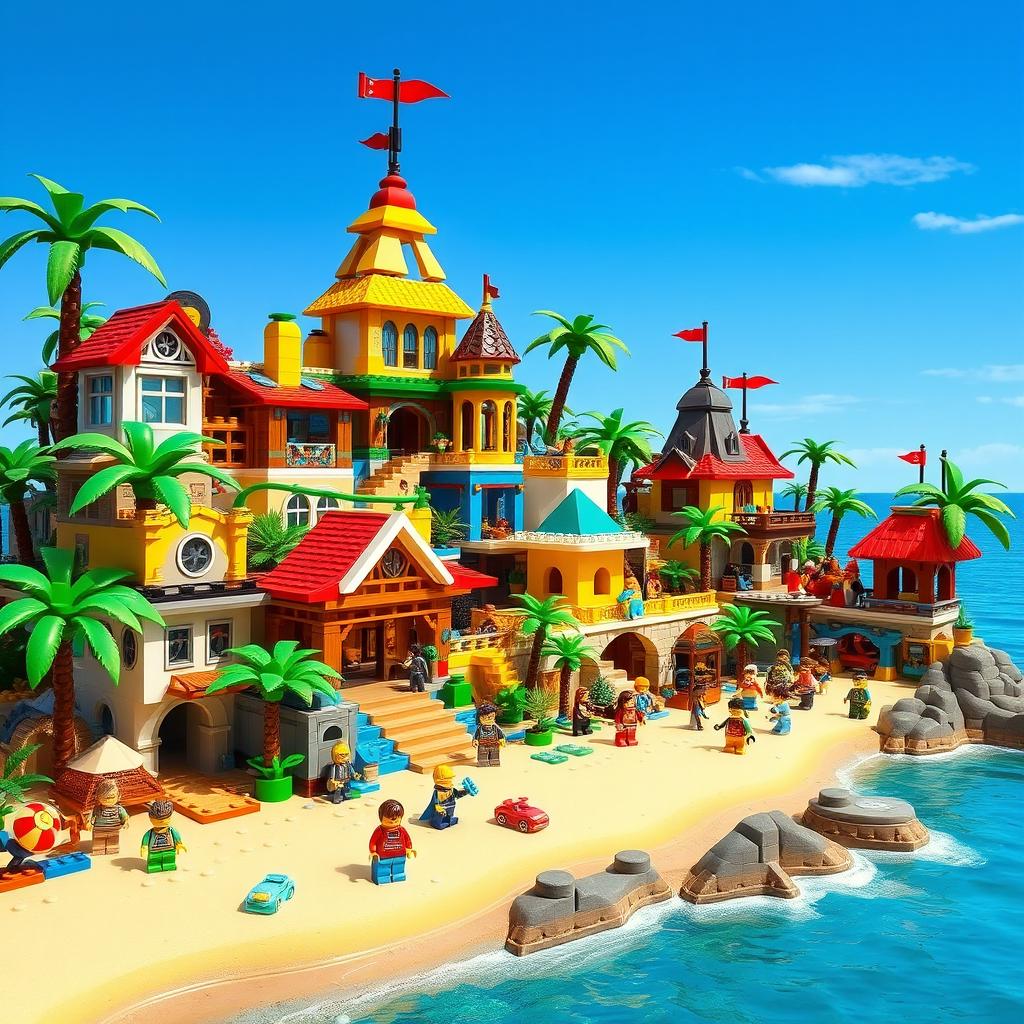 A lively and colorful LEGO paradise island, filled with imaginative LEGO structures and vibrant tropical vegetation