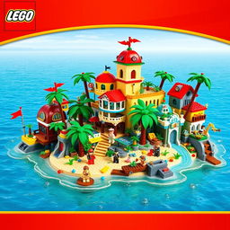 A lively and colorful LEGO paradise island, filled with imaginative LEGO structures and vibrant tropical vegetation
