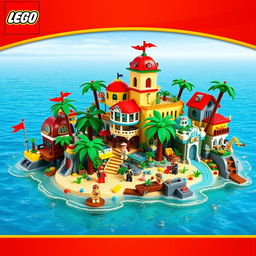 A lively and colorful LEGO paradise island, filled with imaginative LEGO structures and vibrant tropical vegetation