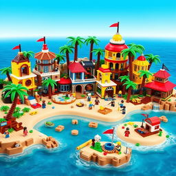 A lively and colorful LEGO paradise island, filled with imaginative LEGO structures and vibrant tropical vegetation