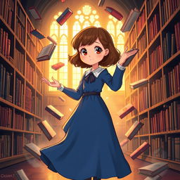 A magical illustration of Matilda Wormwood, a young and intelligent girl with brown hair and a blue dress, standing in a library surrounded by books floating around her