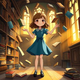 A magical illustration of Matilda Wormwood, a young and intelligent girl with brown hair and a blue dress, standing in a library surrounded by books floating around her