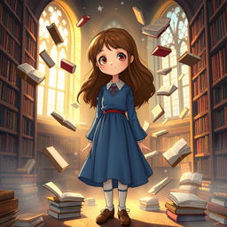 A magical illustration of Matilda Wormwood, a young and intelligent girl with brown hair and a blue dress, standing in a library surrounded by books floating around her