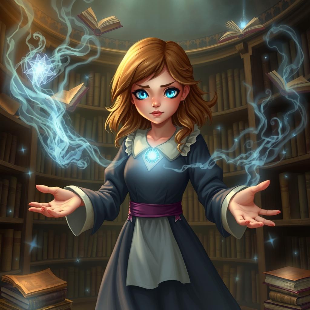 A mystical depiction of Matilda with magical powers, surrounded by floating books and glowing enchantments