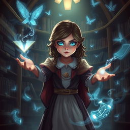 A mystical depiction of Matilda with magical powers, surrounded by floating books and glowing enchantments