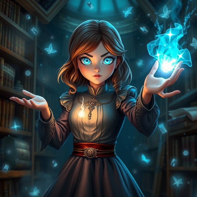 A mystical depiction of Matilda with magical powers, surrounded by floating books and glowing enchantments