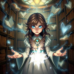 A mystical depiction of Matilda with magical powers, surrounded by floating books and glowing enchantments