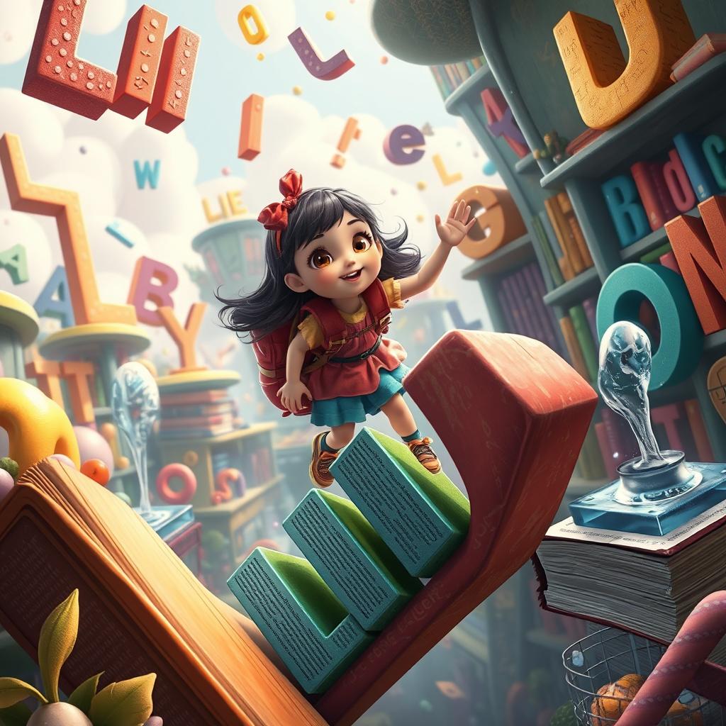 An imaginative scene featuring a young girl named Lili in a magical world of words