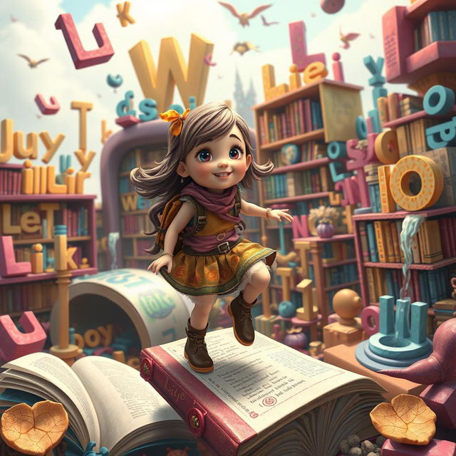 An imaginative scene featuring a young girl named Lili in a magical world of words