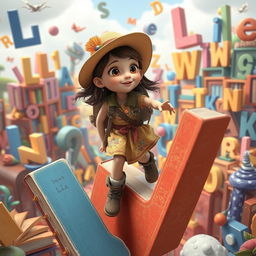 An imaginative scene featuring a young girl named Lili in a magical world of words