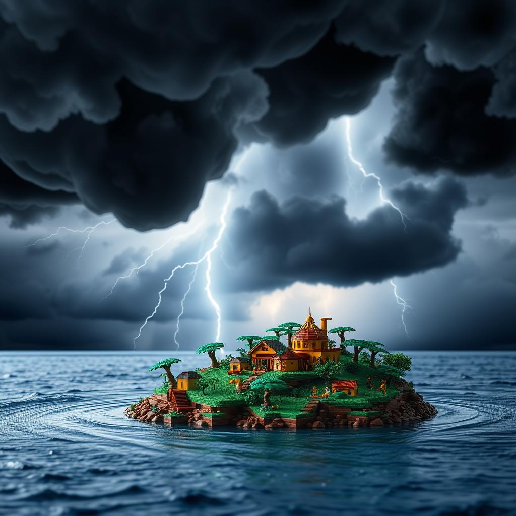 A small LEGO island set beneath towering thunderstorm clouds