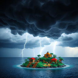 A small LEGO island set beneath towering thunderstorm clouds