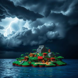 A small LEGO island set beneath towering thunderstorm clouds