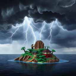 A small LEGO island set beneath towering thunderstorm clouds