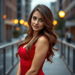 A stunning and attractive young woman with an air of confidence, her thick, wavy brown hair cascading over her shoulders