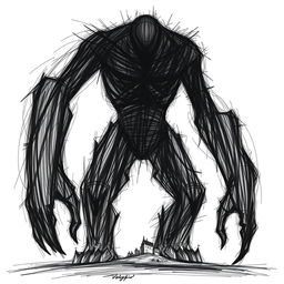 A colossal humanoid creature in a 2D style, drawn with expressive, chaotic sketches