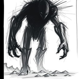 A colossal humanoid creature in a 2D style, drawn with expressive, chaotic sketches