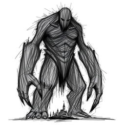 A colossal humanoid creature in a 2D style, drawn with expressive, chaotic sketches