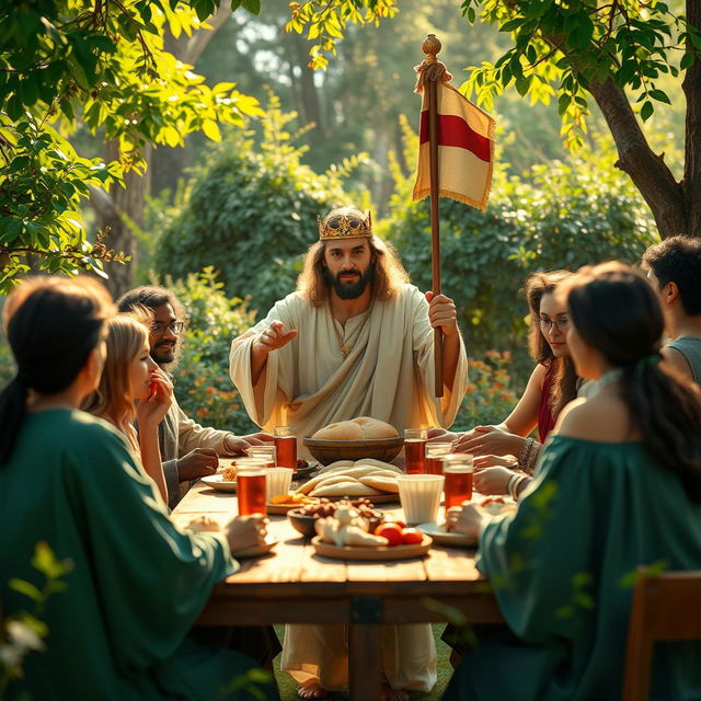 Jesus Christ wearing a crown on his head, holding a flag, serving people at a table