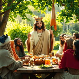 Jesus Christ wearing a crown on his head, holding a flag, serving people at a table