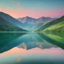 Generate an image of a serene landscape with lush green mountains under a pastel sunset sky, a crystal clear lake reflecting the vibrant colours.