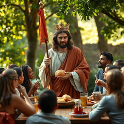 Jesus Christ wearing a crown on his head, holding a flag, serving people at a table