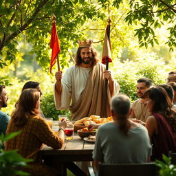 Jesus Christ wearing a crown on his head, holding a flag, serving people at a table