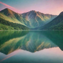 Generate an image of a serene landscape with lush green mountains under a pastel sunset sky, a crystal clear lake reflecting the vibrant colours.
