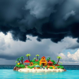 A small LEGO island set on a bright sunny day, contrasted by looming thunderstorm clouds overhead