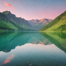 Generate an image of a serene landscape with lush green mountains under a pastel sunset sky, a crystal clear lake reflecting the vibrant colours.