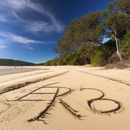 A picturesque beach near the captivating ocean, dotted with some trees, and the symbols '♡︎ R2' inscribed onto the sand.