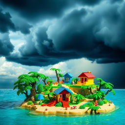 A small LEGO island set on a bright sunny day, contrasted by looming thunderstorm clouds overhead