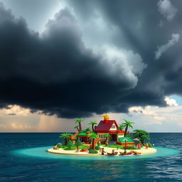 A small LEGO island set on a bright sunny day, contrasted by looming thunderstorm clouds overhead