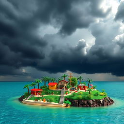 A small LEGO island set on a bright sunny day, contrasted by looming thunderstorm clouds overhead