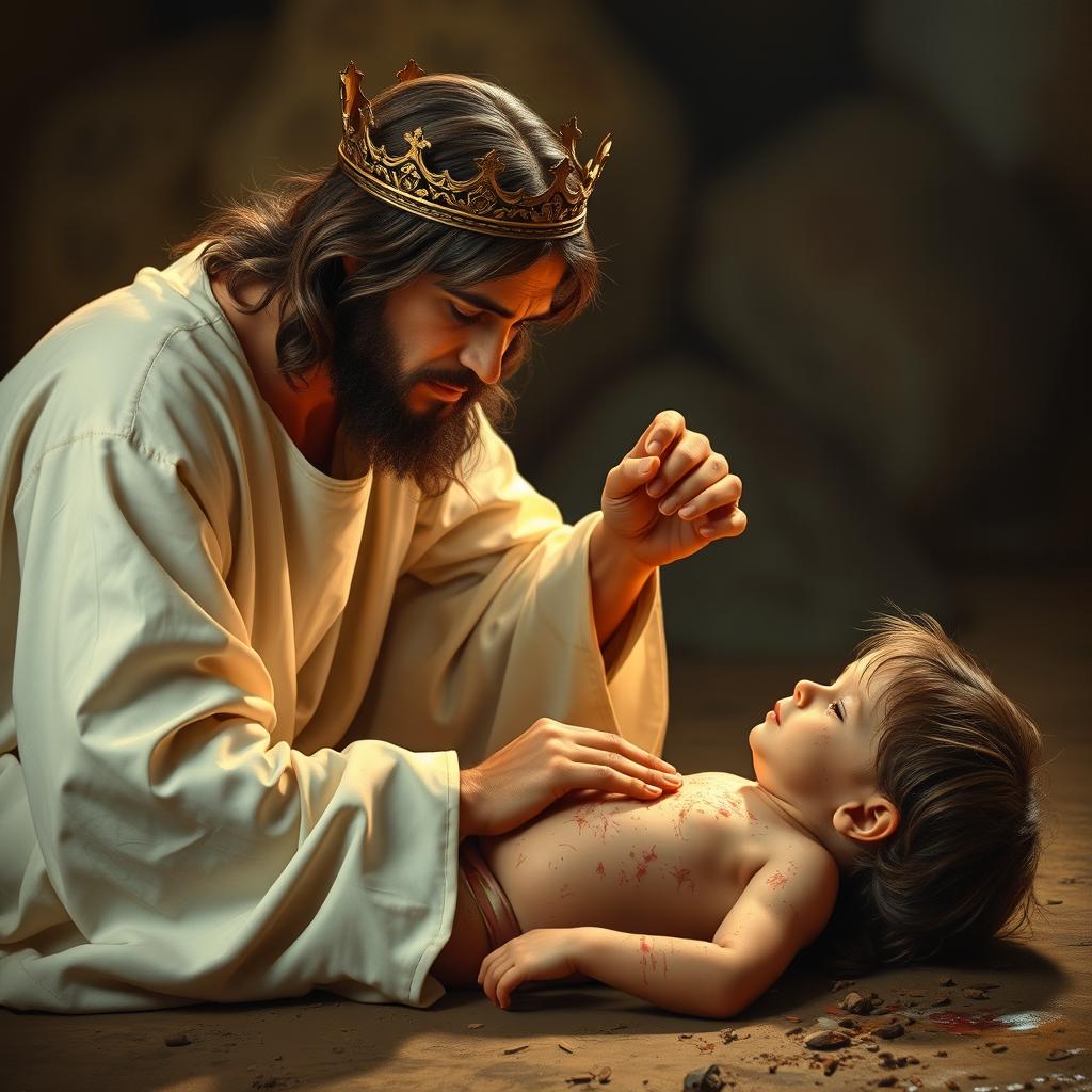 Jesus Christ dressed in white with a crown on his head, helping a dirty and injured child lying on the ground