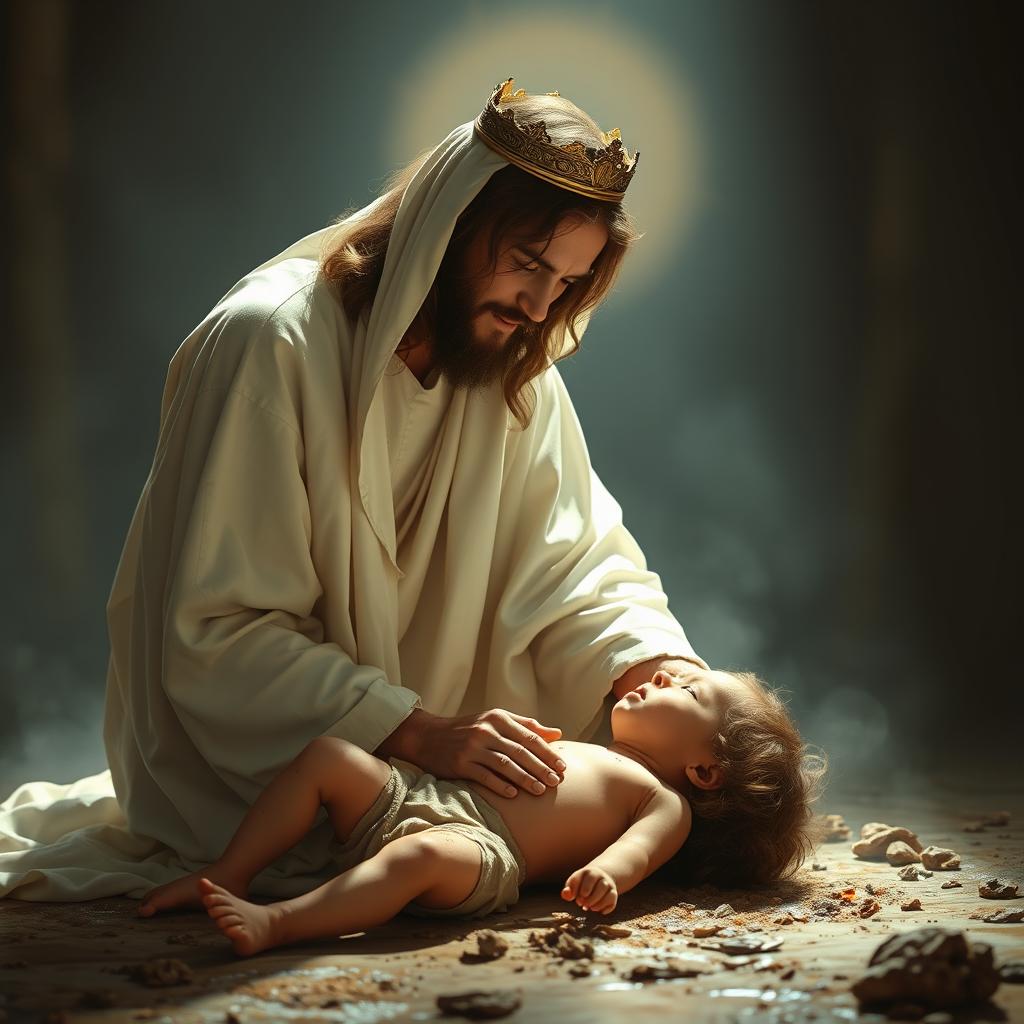 Jesus Christ dressed in white with a crown on his head, helping a dirty and injured child lying on the ground