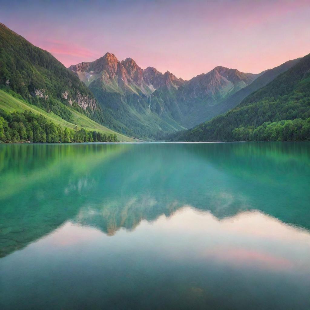 Generate an image of a serene landscape with lush green mountains under a pastel sunset sky, a crystal clear lake reflecting the vibrant colours.