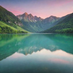 Generate an image of a serene landscape with lush green mountains under a pastel sunset sky, a crystal clear lake reflecting the vibrant colours.